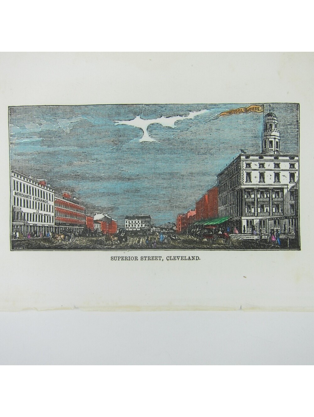 Engraving Print Cleveland Ohio Superior Street Scene Hand Colored Antique 1847